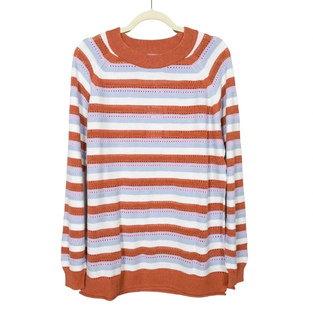 Pastel Stripe Pointelle Lightweight Knit Sweater Coastal Grandma Boho Size M NWT